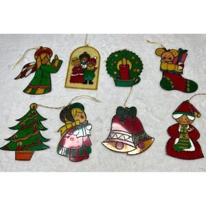 Lot 8 Vintage Handmade Plastic Christmas Ornaments Faux Stained Glass